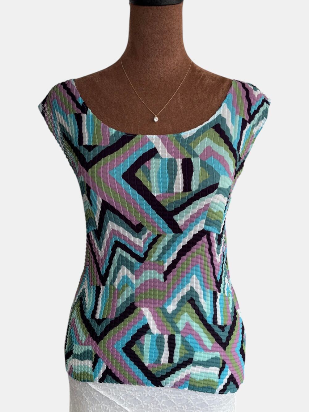 90s Vintage Nicola Plisse Top Abstract Print Disco Y2K Style Crinkle Shirt Small